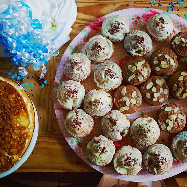 Vegan food - vegan muffins with spelt flour, cinnamon, vanilla, almonds, and agave syrup/nectar at a Babyshower.