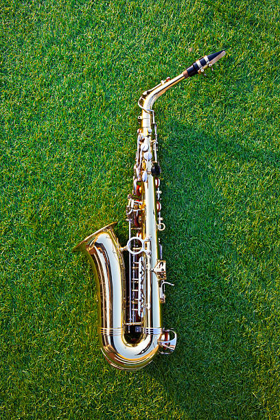 A golden saxophone lies on the artificial grass background, a blowing musical instrument.
