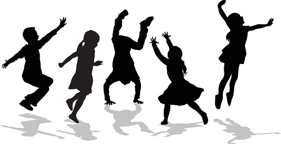 A vector silhouette illustration of five children playing, running, jumping, tumbling, and moving.