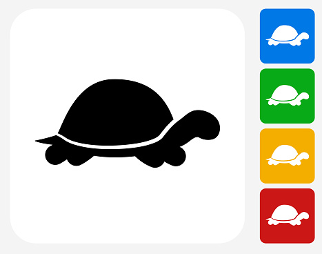 Turtle Icon. This 100% royalty free vector illustration features the main icon pictured in black inside a white square. The alternative color options in blue, green, yellow and red are on the right of the icon and are arranged in a vertical column.