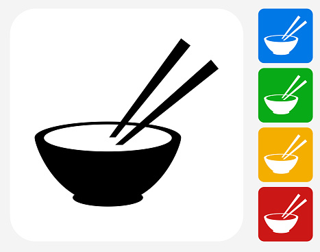 Bowl and Chopsticks Icon. This 100% royalty free vector illustration features the main icon pictured in black inside a white square. The alternative color options in blue, green, yellow and red are on the right of the icon and are arranged in a vertical column.