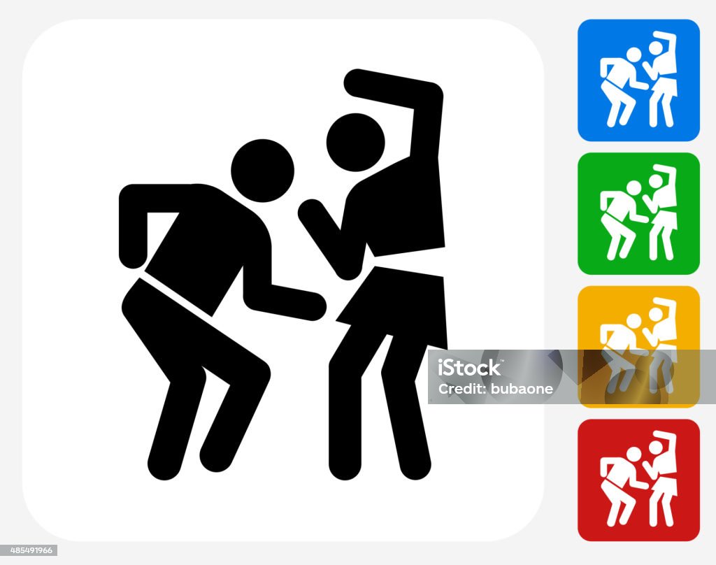 Man and Woman Dancing Icon Flat Graphic Design Man and Woman Dancing Icon. This 100% royalty free vector illustration features the main icon pictured in black inside a white square. The alternative color options in blue, green, yellow and red are on the right of the icon and are arranged in a vertical column. Bog stock vector