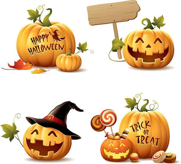 ilustraciones, imágenes clip art, dibujos animados e iconos de stock de happy halloween conjunto de calabaza - linterna de halloween ilustraciones