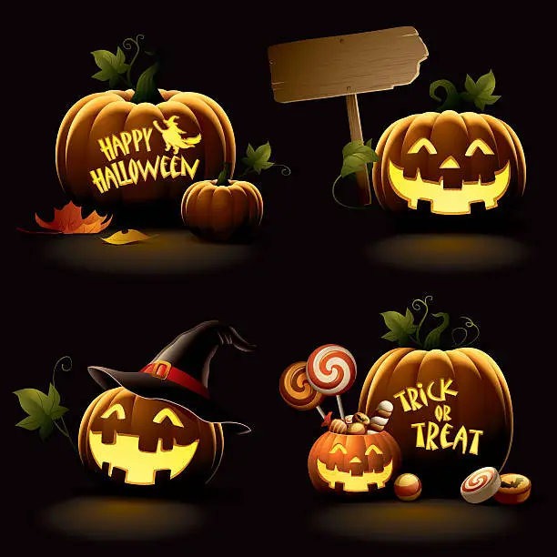 Vector illustration of Happy Halloween Pumpkin Set - black background
