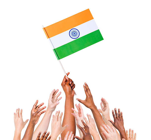 wielu etnicznych ręce podniesione do flagi indii - indian flag zdjęcia i obrazy z banku zdjęć