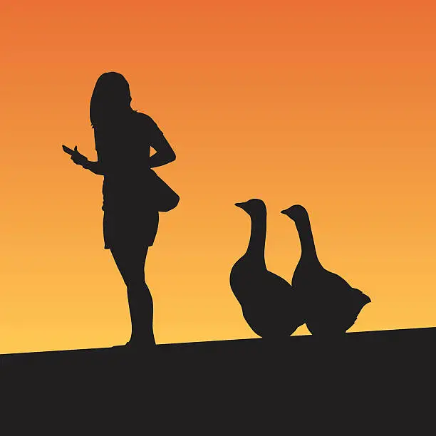 Vector illustration of Two Geese Looking At Girl With Smart Phone