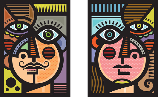 A pair of semi abstract heads, a male and a female, in a cubist modern art style.