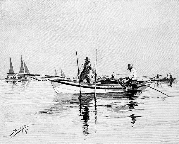 устрица tonging на чесапик река - illustration and painting retro revival sailboat antique stock illustrations