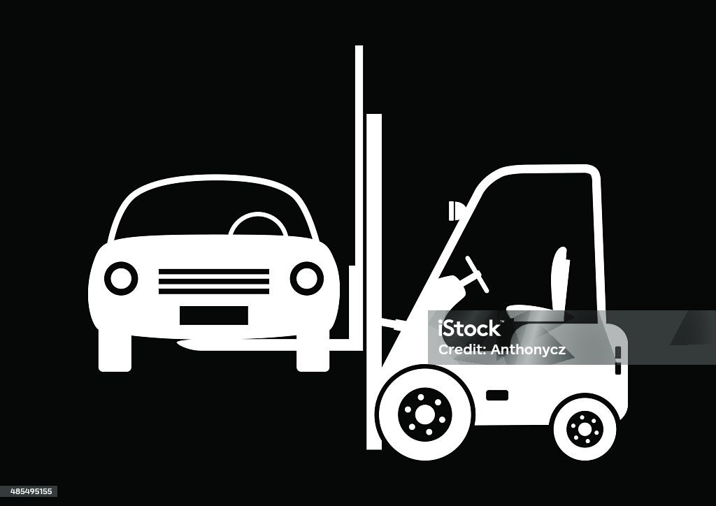 Forklift truck with car Forklift truck with car on black background Black And White stock vector
