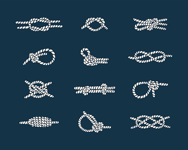 Nautical rope knots set Vector illustration of a set of 12 white nautical rope knots on a dark blue background. There are four rows of three knots each. The ropes used for each knot are thin and white with periodic blue vertical lines. Most of the knots are made from one or two ropes. There are no titles or text on the illustration. The top row contains a square knot and an overhand knot. The second row has a figure eight knot. The third row has a fisherman's knot. The last knot on the bottom row is a carrick bend. Most of the knots have some kind of loop in them. tied knot stock illustrations