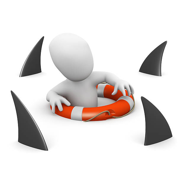 istock 3d Little person circled by sharks 485503283