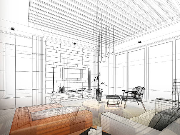 istock sketch design of living ,3dwire frame render 485504117