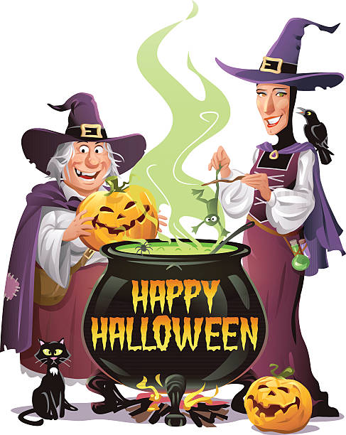 Witches Cooking On Halloween Two cheerful witches with hats and capes standing at a big cauldron cooking a disgusting green soup. One of them throws a frog into the soup, the other one a pumpkin. On the floor is cat and a laughing pumpkin. Halloween illustration with text "Happy Halloween". ugly soup stock illustrations