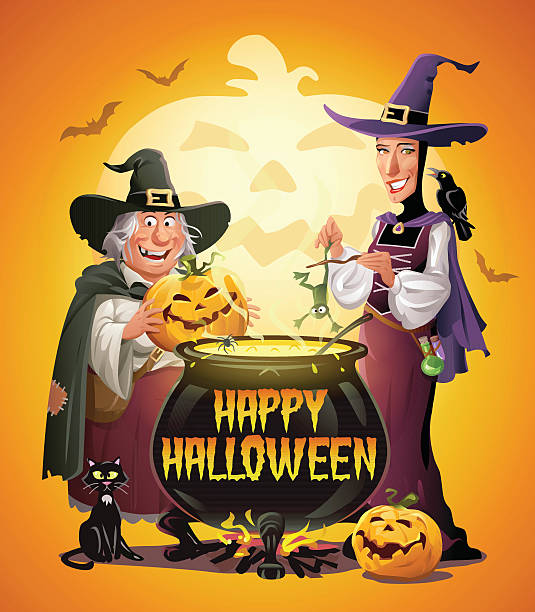 Halloween Cooking Illustration of two witches with hats and capes standing at a big cauldron cooking a disgusting soup. One of them throws a frog into the soup, the other one a pumpkin. In the background there is a big bright glowing pumpkin and bats. On the floor is cat and a laughing pumpkin. Halloween greeting card or party invitation with text "Happy Halloween". ugly soup stock illustrations