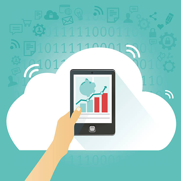 ilustraciones, imágenes clip art, dibujos animados e iconos de stock de computación en nube con tablet y móvil en línea bajo consumo - cloud computing human hand cloud cloudscape