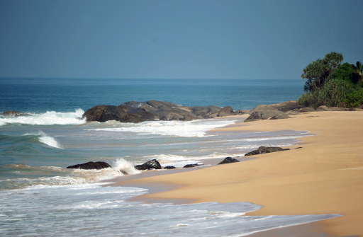 The yellow sands and rolling surf of Balapitiya Beach, west coast of Sri Lanka