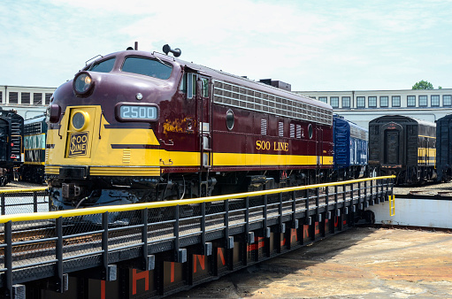 Spencer, N.C. USA - May 29, 2014 Soo Line Diesel # 2500 on display at the North Carolina Transportation Museum during the Streamliners Festival in May 2014.