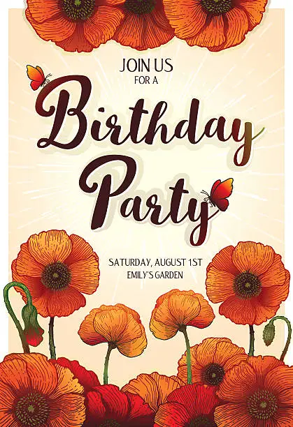 Vector illustration of Invitation to the Birthday Vertical Card 10.4x15.2 cm Red Poppies