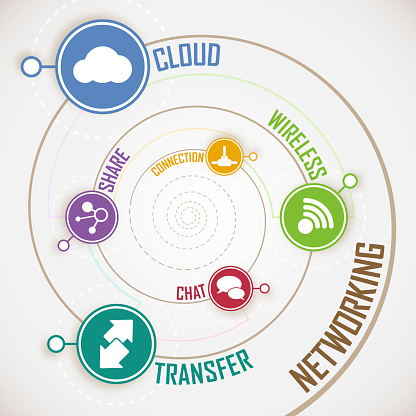 Geometric concept infographic elements, icons include connection, speed bubbles, share,cloud, transfer, wireless, chat.