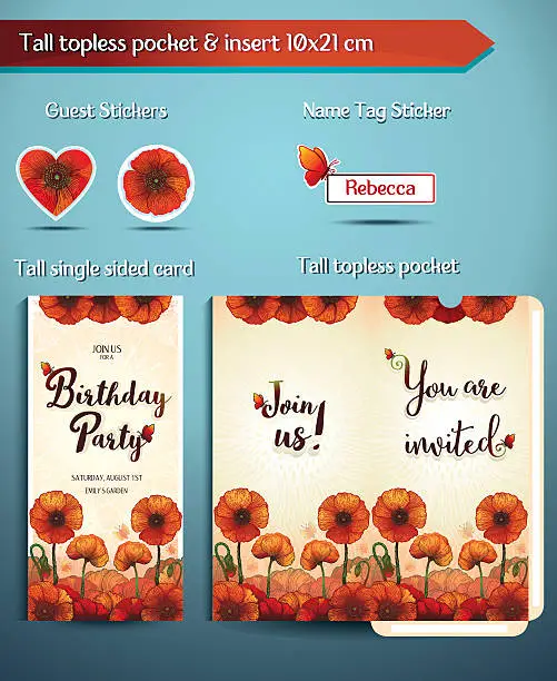 Vector illustration of Birthday Party Invitation set Red Poppies Topless pocket and insert