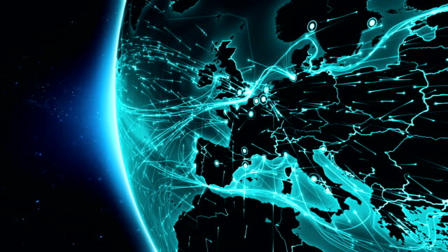 Earth connections. Europe. Aerial, maritime, ground routes and country borders.