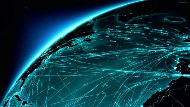 Animation of the Earth with bright connections. From North America to Europe. Aerial, maritime, ground routes and country borders. Red.