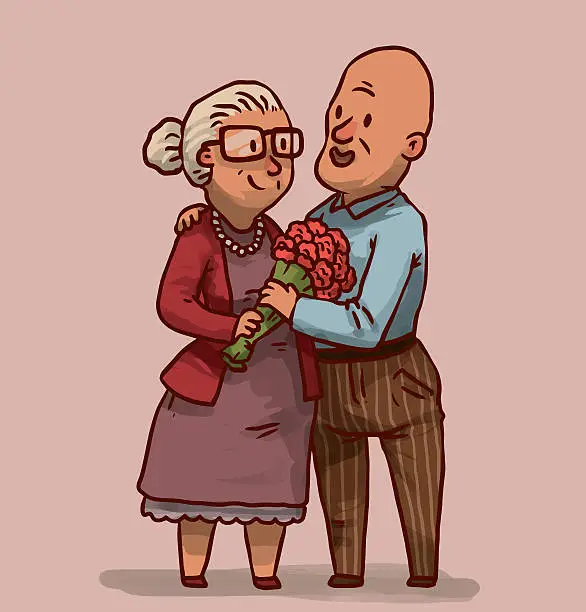 Vector illustration of Happy old couple, with a bouquet of flowers