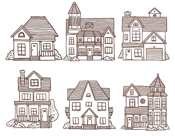 illustrazioni stock, clip art, cartoni animati e icone di tendenza di set di piccole case carina - apartment building exterior urban scene window