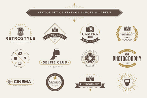 Set of vintage camera badges and labels