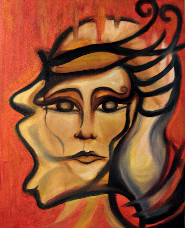 Abstract portrait painting with two faces on red background