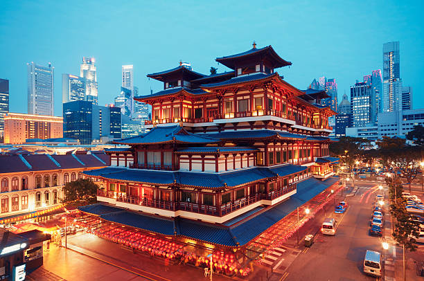 Buddha Toothe Relic Temple, Singapore Buddha Toothe Relic Temple in Chinatown with Singapore`s business district in the background. holy site stock pictures, royalty-free photos & images