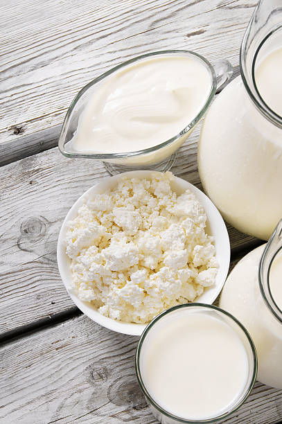 istock Dairy products on wooden background. 485521775