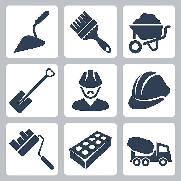векторные иконки набор изолированных строительства - trowel shovel gardening equipment isolated stock illustrations