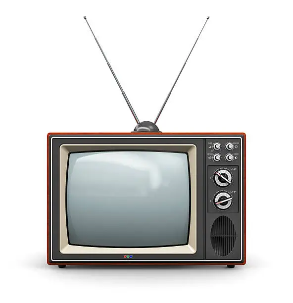 Creative abstract communication media and television business concept: old retro color wooden home TV receiver set with antenna isolated on white background. See also: