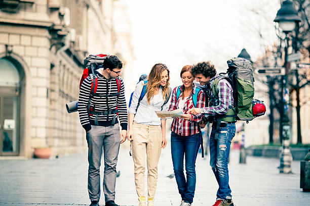 istock Happy Backpackers in the city. 485525347