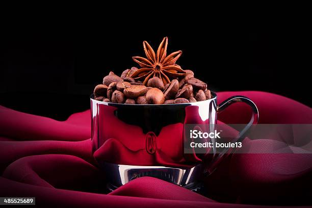 Cup Of Coffee With Beans On Red Silk Stock Photo - Download Image Now - Brown, Cafe, Caffeine