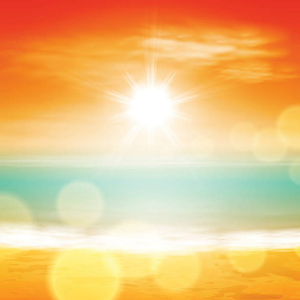 Sea sunset Sea sunset with bright sun, light on lens. EPS10 vector. hot sun stock illustrations