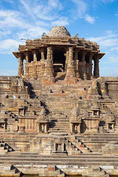 Stepped water tank/stepwell infront of the Sun Temple at Modhera. Ruined Hindu temple Gujarat, India.