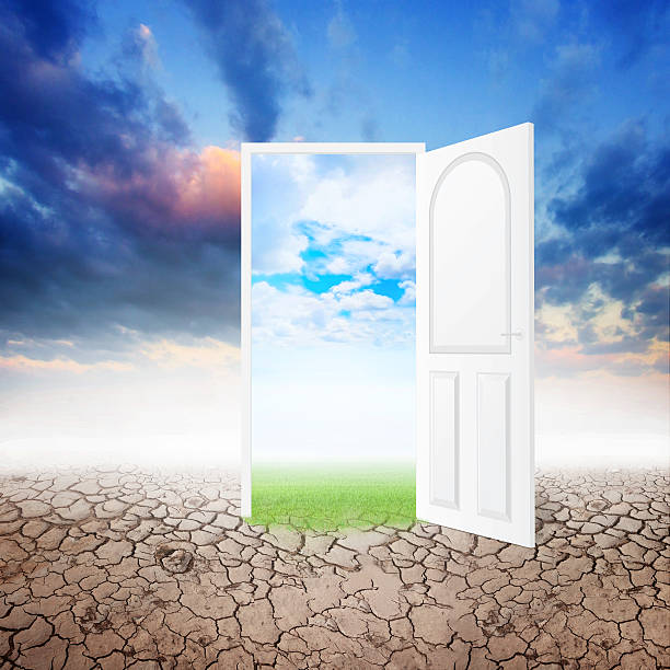 istock Drought land with an open door in green field 485532060