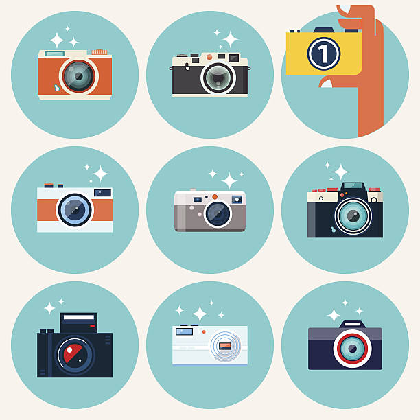 Photo camera icons set in flat style. Photo camera icons set in flat style. Flat design vector stylish illustration with modern colors. Isolated on stylish background. Set 1. photograph illustrations stock illustrations