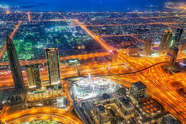 istock Dubai Skyline Illuminated at Dusk, Aerial View 485539552