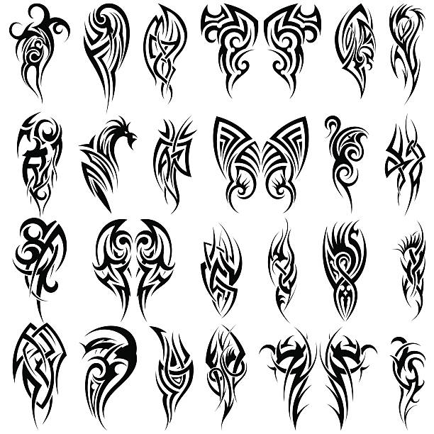 24 Tribal Tattoos Set of 24 Tribal Tattoos in Black Color. tribal tattoo stock illustrations