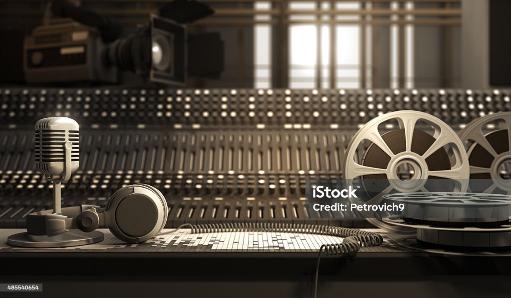 Studio equipment Reel with tape and studio equipment Recording Studio Stock Photo
