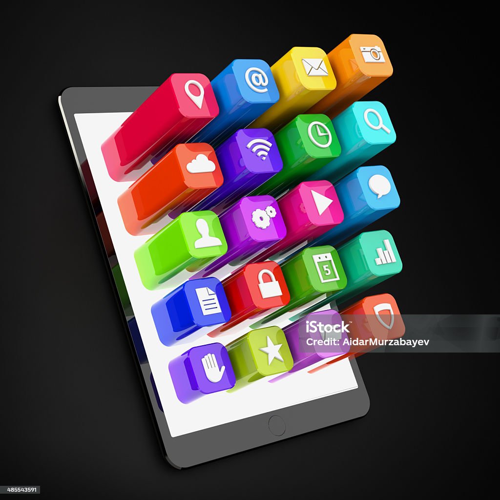 Tablet apps flat icons on digital tablet Arts Culture and Entertainment Stock Photo