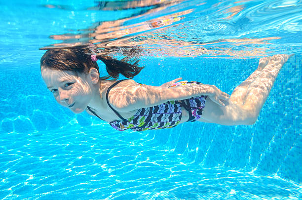 istock Happy active underwater child swims in pool 485544235