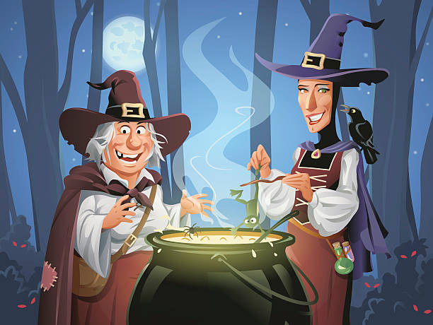 Witches Cooking In The Woods Illustration of two witches in the wood standing at a big cauldron cooking a disgusting soup at night. One of them throws a frog into the soup, the other one a spider. In the background are trees, bushes and a moon on a dark blue sky. ugly soup stock illustrations