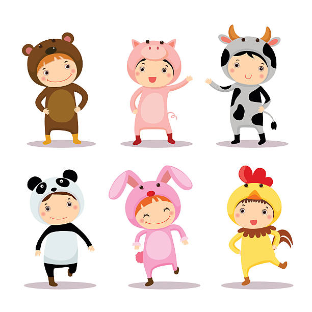 illustration of cute kids wearing animal costumes - tavuk kostümü stock illustrations