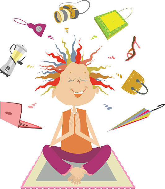 Purchases meditation Funny woman dreams or meditate about a lot of purchases luxury coffee machine stock illustrations