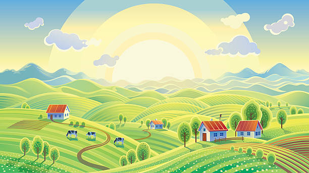 ilustrações, clipart, desenhos animados e ícones de verão paisagem rural com village. - house landscaped beauty in nature horizon over land