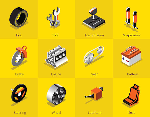 Car part icon and logo, Garage car services. vector illustration Isometric car services icon and logo, tyre, break, control, tool, engine, wheel and etc. vector illustration engine illustrations stock illustrations